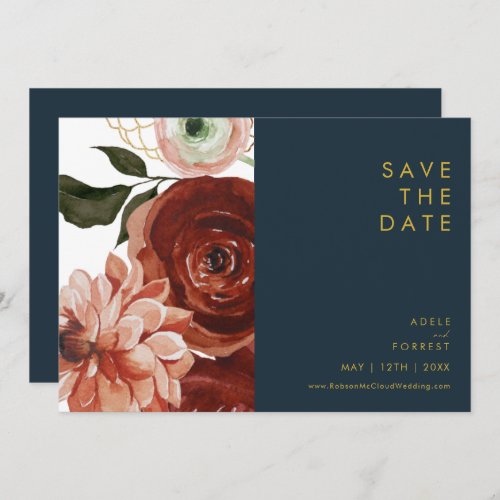 Marsala Autumn Floral  Navy Horizontal Save The Date