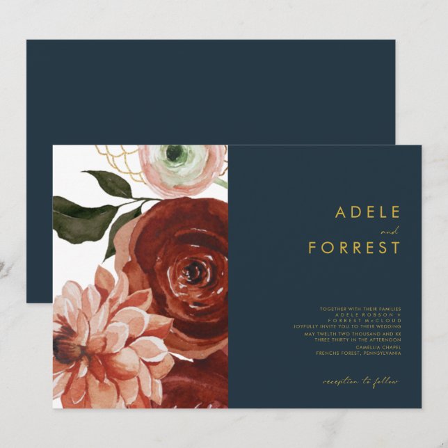 Marsala Autumn Floral | Navy Horizontal Wedding In Invitation (Front/Back)