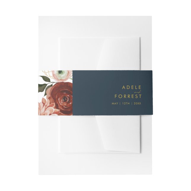 Marsala Autumn Floral | Navy Invitation Belly Band (Front Example)