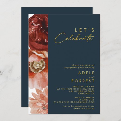 Marsala Autumn Floral  Navy Lets Celebrate Invitation