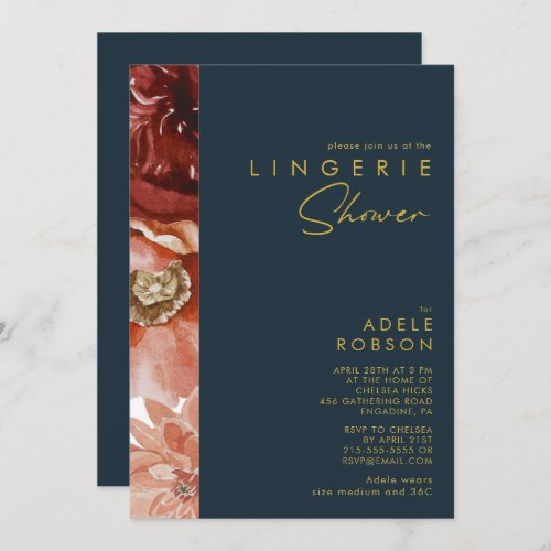 Marsala Autumn Floral  Navy Lingerie Shower Invitation