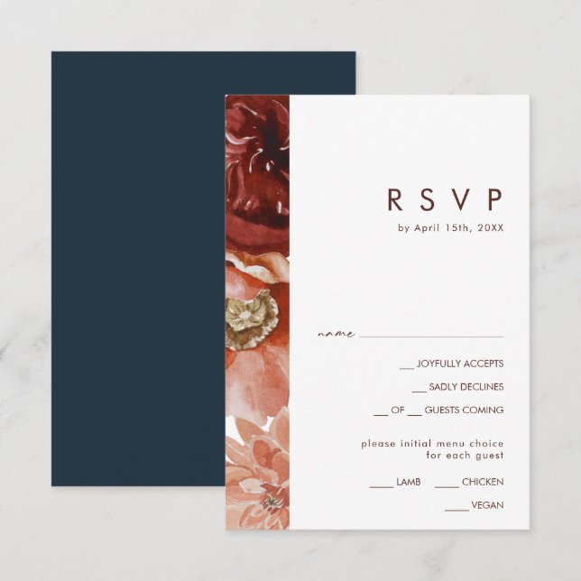 Marsala Autumn Floral Navy Menu Choice RSVP Card (Front/Back)