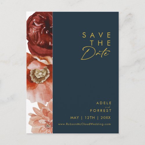 Marsala Autumn Floral Navy Save The Date Postcard