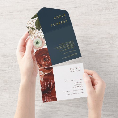 Marsala Autumn Floral  Navy Seal And Send All In One Invitation