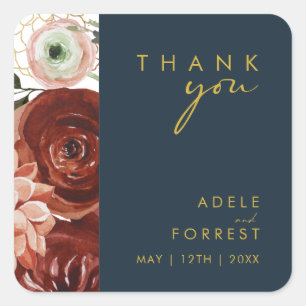 Marsala Autumn Floral Navy Thank You Wedding Square Sticker