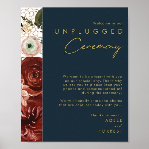 Marsala Autumn Floral  Navy Unplugged Ceremony Poster