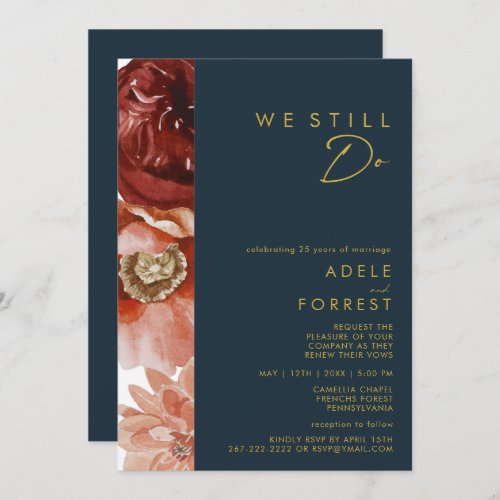 Marsala Autumn Floral  Navy We Still Do Renewal Invitation