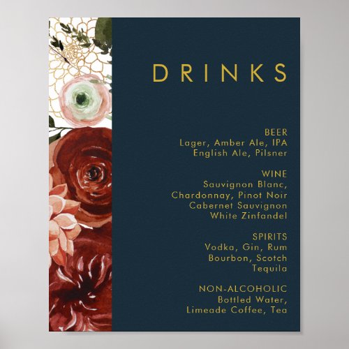 Marsala Autumn Floral  Navy Wedding Drinks Menu Poster