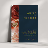 Marsala Autumn Floral | Navy Wedding Invitation