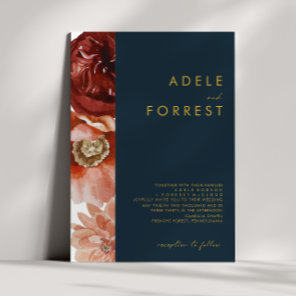 Marsala Autumn Floral | Navy Wedding Invitation