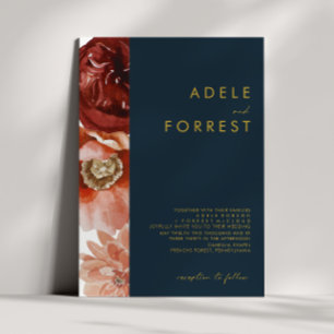 Marsala Autumn Floral   Navy Wedding Invitation