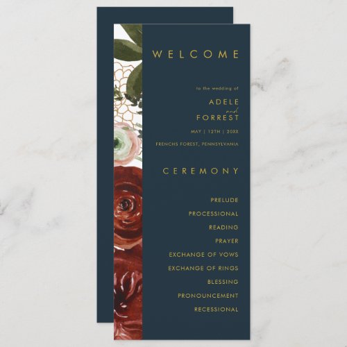 Marsala Autumn Floral  Navy Wedding Program