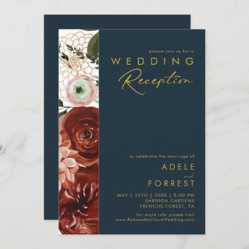 Marsala Autumn Floral  Navy Wedding Reception Invitation