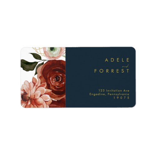 Marsala Autumn Floral  Navy Wedding RSVP Address Label