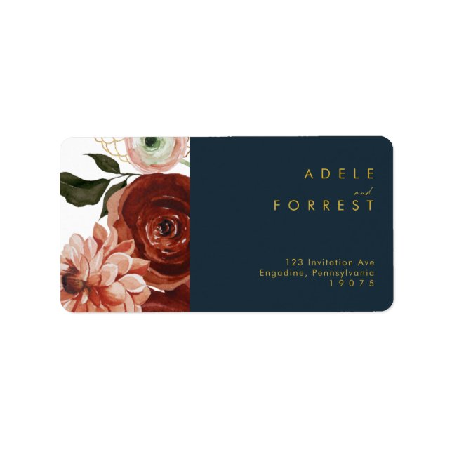 Marsala Autumn Floral | Navy Wedding RSVP Address Label (Front)