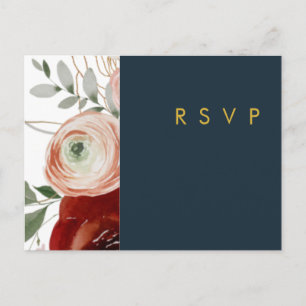 Marsala Autumn Floral   Navy Wedding RSVP Postcard