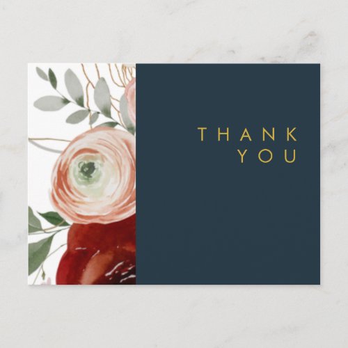 Marsala Autumn Floral  Navy Wedding Thank You Postcard