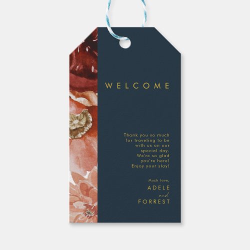 Marsala Autumn Floral  Navy Wedding Welcome Gift Tags