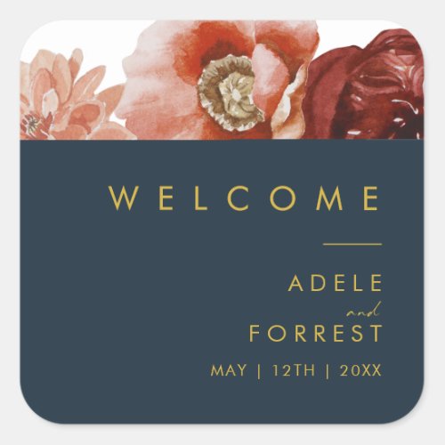 Marsala Autumn Floral  Navy Wedding Welcome Square Sticker