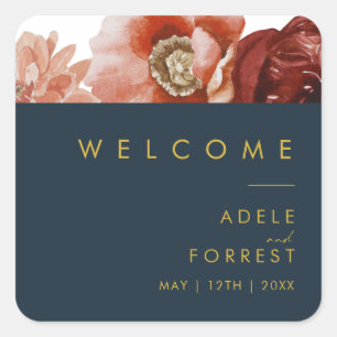 Marsala Autumn Floral   Navy Wedding Welcome Square Sticker
