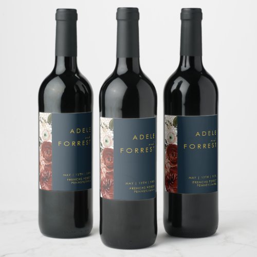 Marsala Autumn Floral  Navy Wedding Wine Label