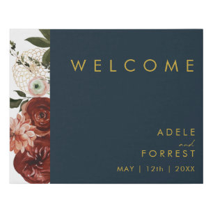 Marsala Autumn Floral Navy Welcome Faux Canvas Print