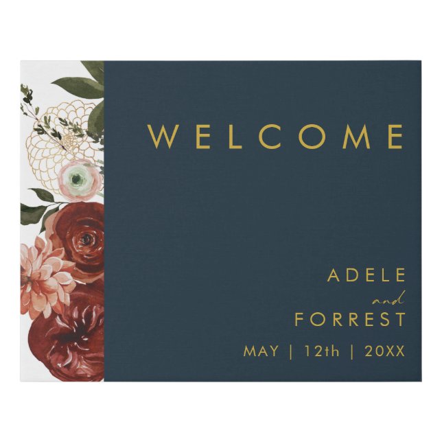 Marsala Autumn Floral | Navy Welcome Faux Canvas Print (Front)