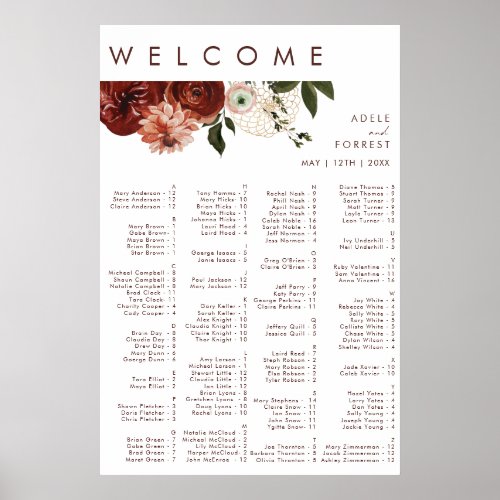 Marsala Autumn Floral  White Alphabetical Seating Poster