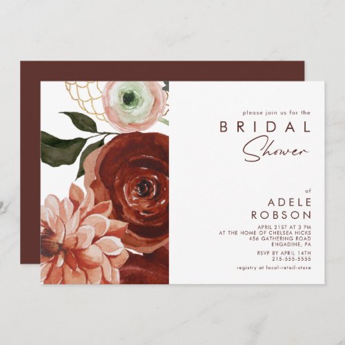 Marsala Autumn Floral  White Bridal Shower Invitation