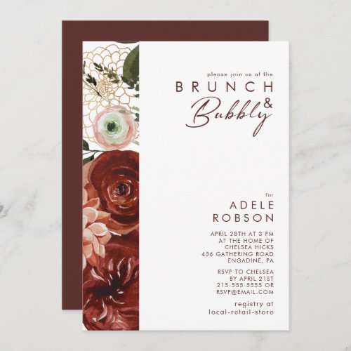 Marsala Autumn Floral  White Brunch and Bubbly Invitation