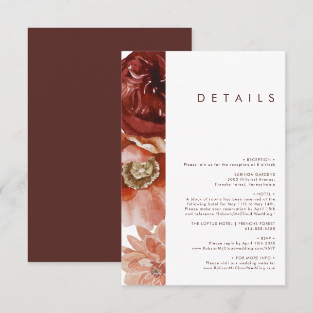 Marsala Autumn Floral | White Details Enclosure Card (Front/Back)