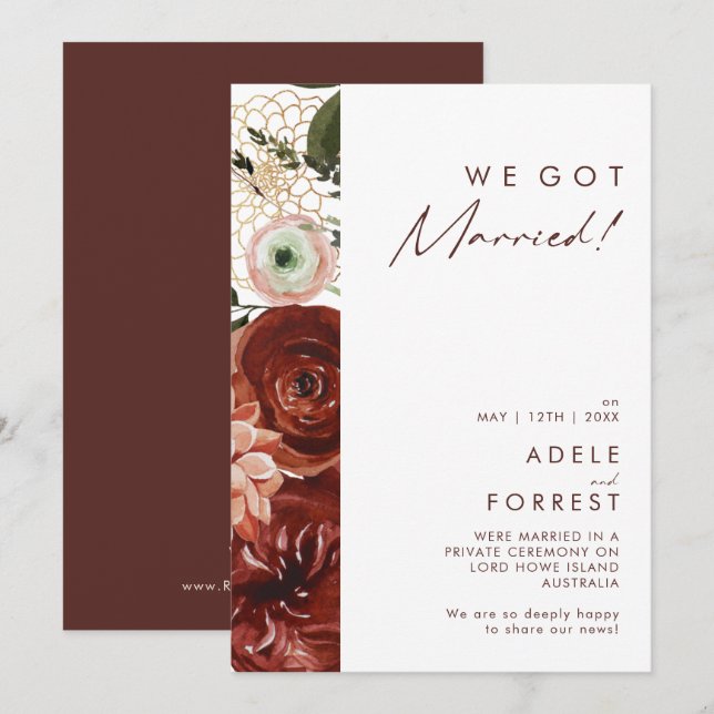 Marsala Autumn Floral White Elopement Announcement (Front/Back)