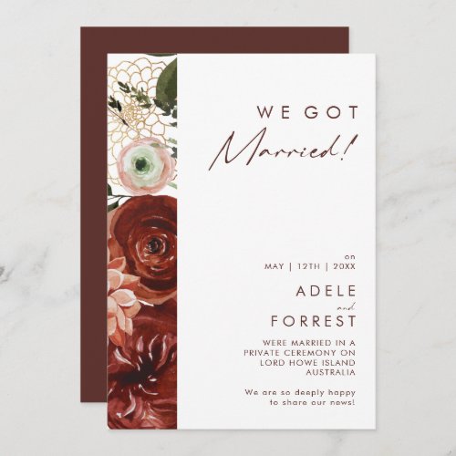 Marsala Autumn Floral White Elopement Announcement