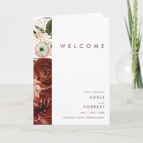 Marsala Autumn Floral  White Folded Wedding Program