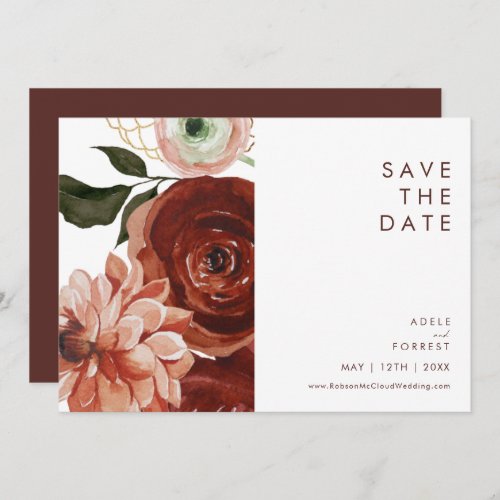 Marsala Autumn Floral  White Horizontal Save The Date