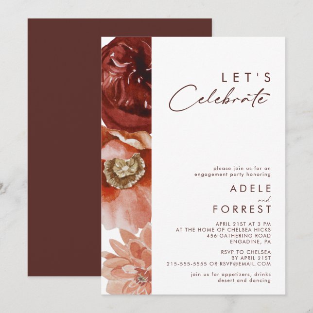 Marsala Autumn Floral | White Let's Celebrate Invitation (Front/Back)