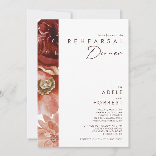 Marsala Autumn Floral  White Rehearsal Dinner Invitation