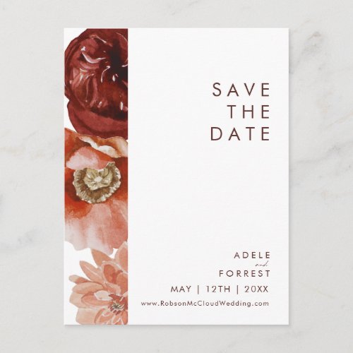 Marsala Autumn Floral White Save The Date Postcard