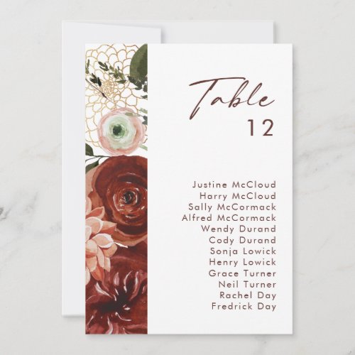 Marsala Autumn Floral  White Table Number Chart