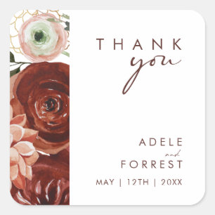 Marsala Autumn Floral White Thank You Wedding Square Sticker