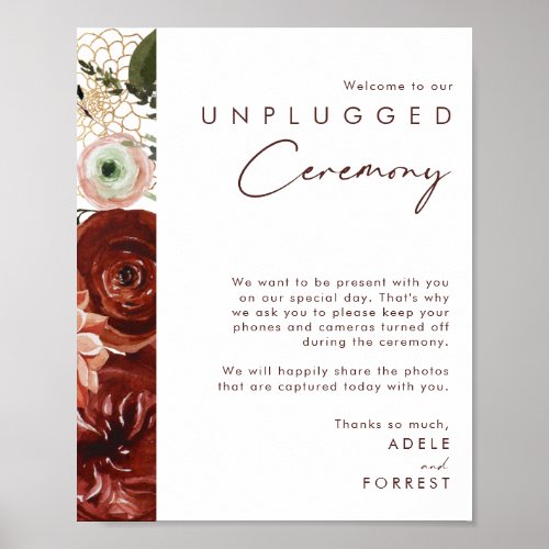 Marsala Autumn Floral  White Unplugged Ceremony Poster