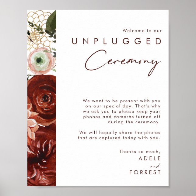 Marsala Autumn Floral | White Unplugged Ceremony Poster (Front)