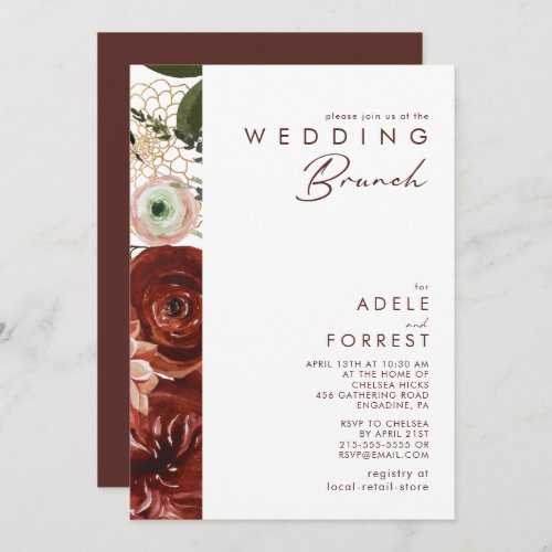 Marsala Autumn Floral  White Wedding Brunch Invitation