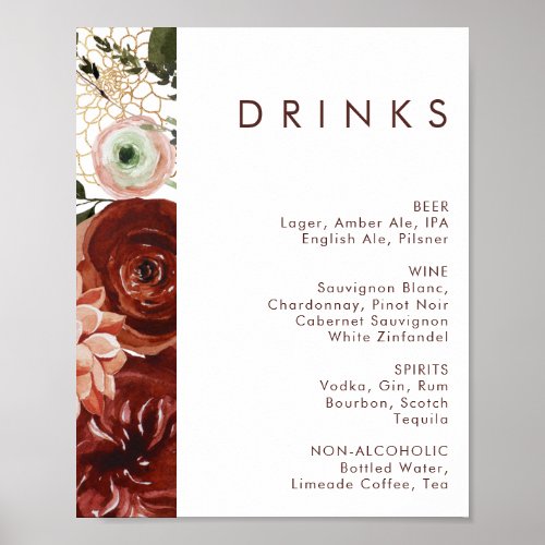 Marsala Autumn Floral  White Wedding Drinks Menu Poster