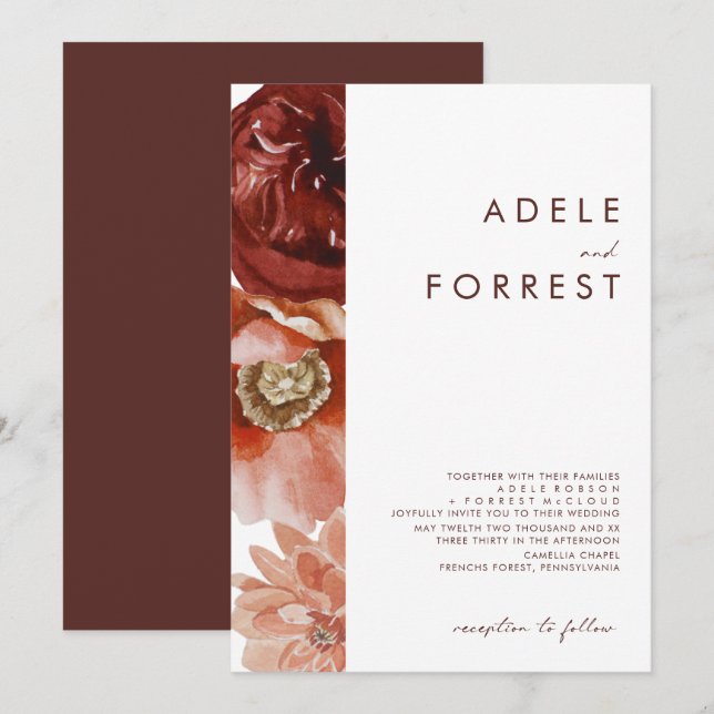 Marsala Autumn Floral | White Wedding Invitation (Front/Back)