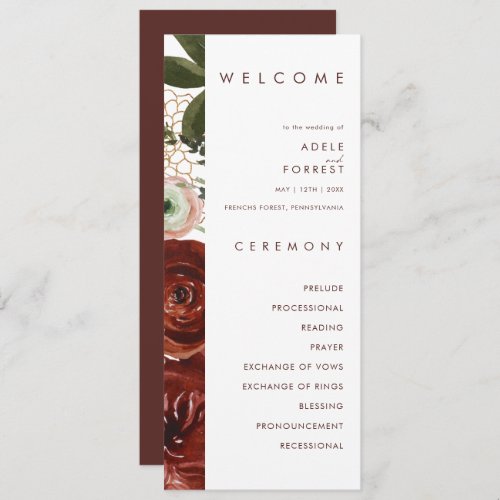 Marsala Autumn Floral  White Wedding Program