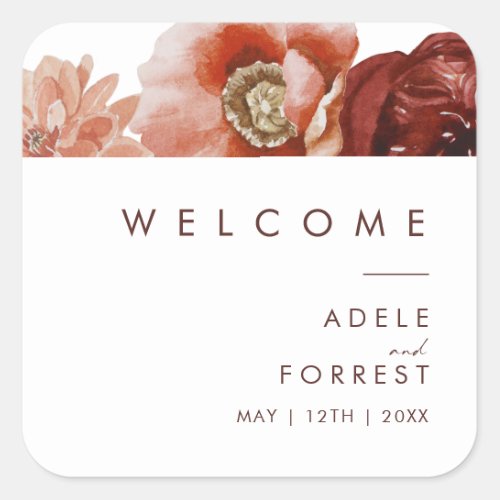 Marsala Autumn Floral  White Wedding Welcome Square Sticker