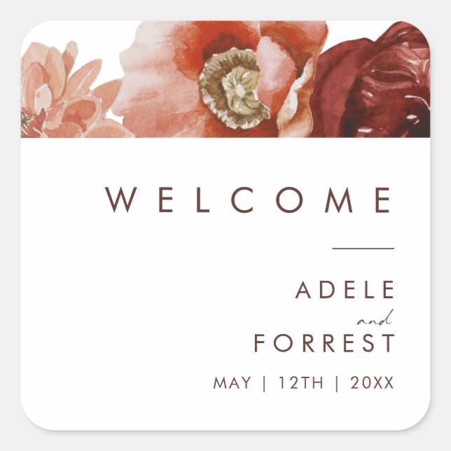 Marsala Autumn Floral | White Wedding Welcome Square Sticker (Front)