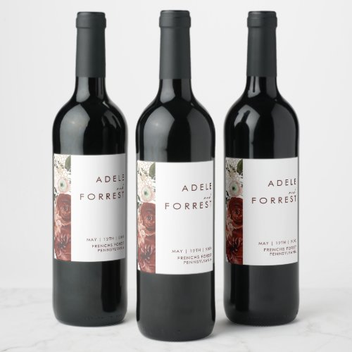 Marsala Autumn Floral  White Wedding Wine Label