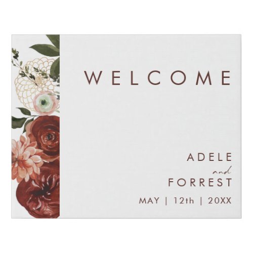 Marsala Autumn Floral  White Welcome  Faux Canvas Print